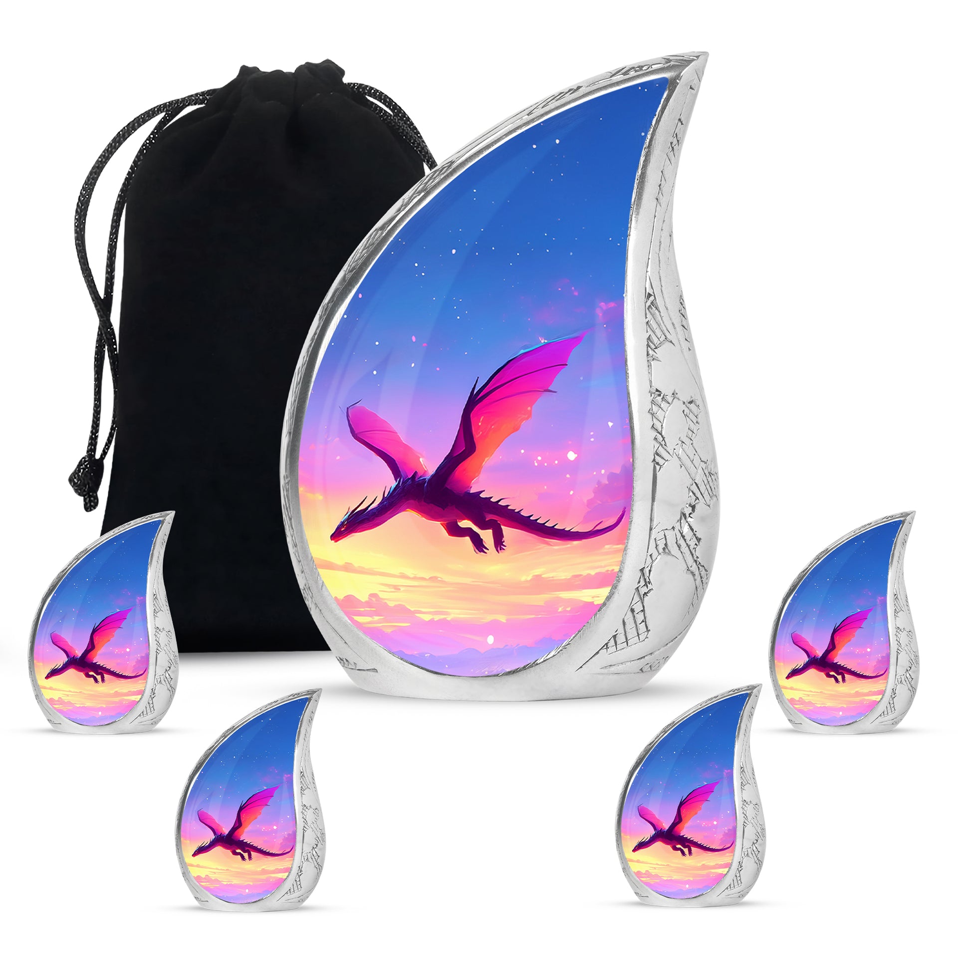 Pastel Blue Dragon Cremation Urn side profile showing urn shape - flowing teardrop dragon silhouette on curved aluminum - memorial set with one large and four small urns