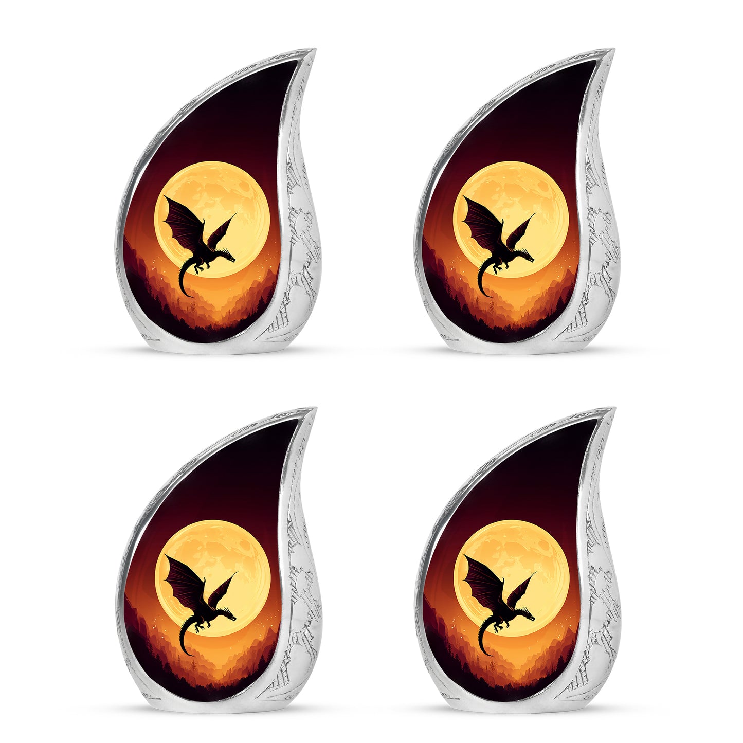 Garnet Red Dragon Cremation Urn close-up of engraving and surface detail - flowing teardrop dragon silhouette on curved aluminum - 10 inch aluminum urn for cremated remains