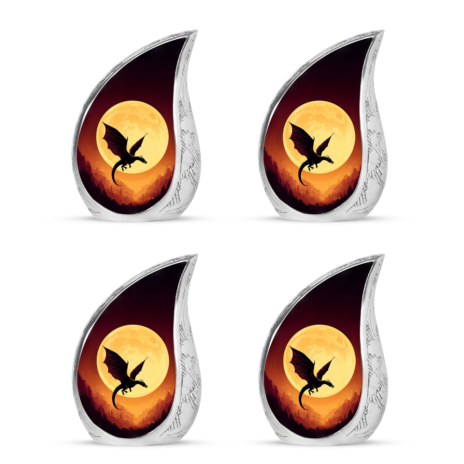Garnet Red Dragon Cremation Urn close-up of engraving and surface detail - flowing teardrop dragon silhouette on curved aluminum - 10 inch aluminum urn for cremated remains