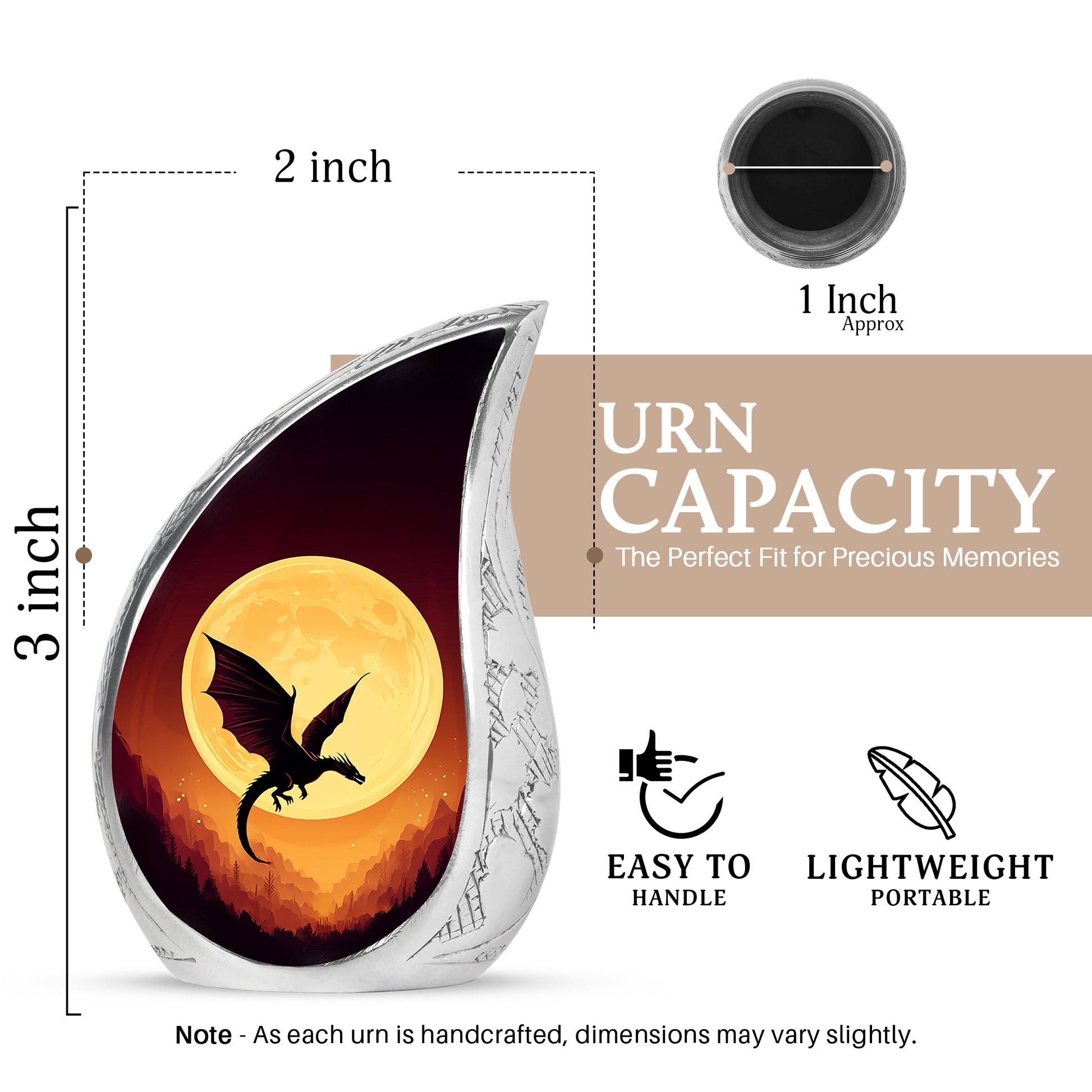 Garnet Red Dragon Cremation Urn angled view of lid and engraved motif - rounded teardrop dragon design with delicate detail - mini keepsake memorial for portion of cremation ashes