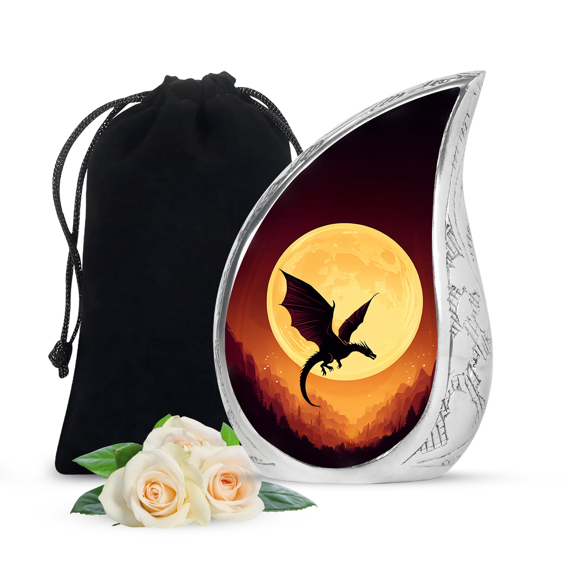 Wine Red Dragon Cremation Urn front view showing detailed design - flowing teardrop dragon silhouette on curved aluminum - full-size 10 inch 200 cubic inch adult cremation urn