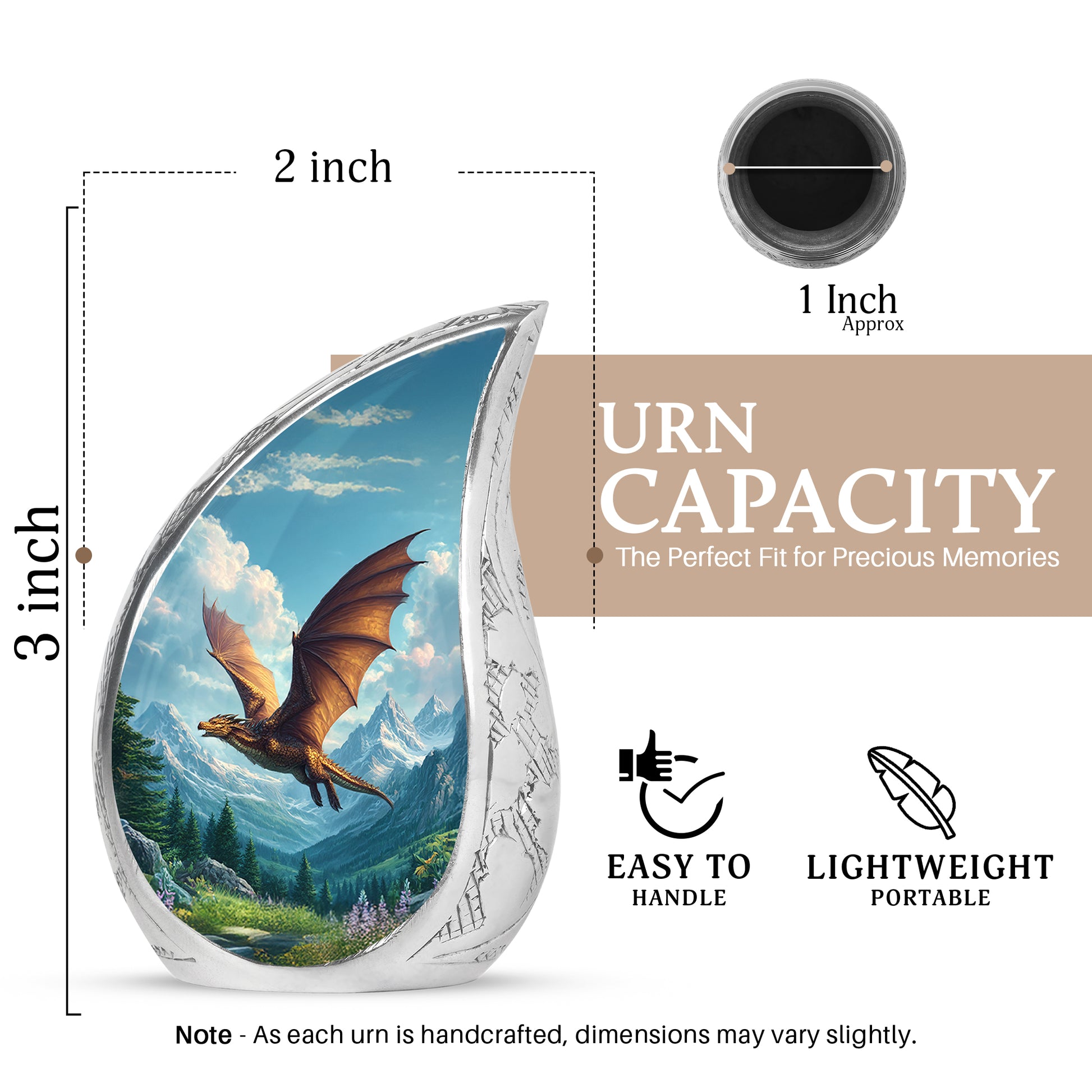 Twilight Blue Dragon Cremation Urn angled view of lid and engraved motif - graceful tear-shaped urn with dragon motif - mini keepsake memorial for portion of cremation ashes
