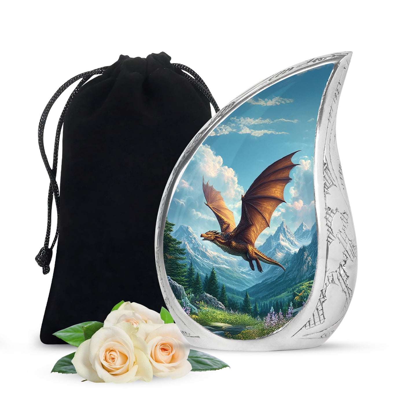Calming Blue Dragon Cremation Urn front view showing detailed design - smooth teardrop contour featuring dragon art - full-size 10 inch 200 cubic inch adult cremation urn
