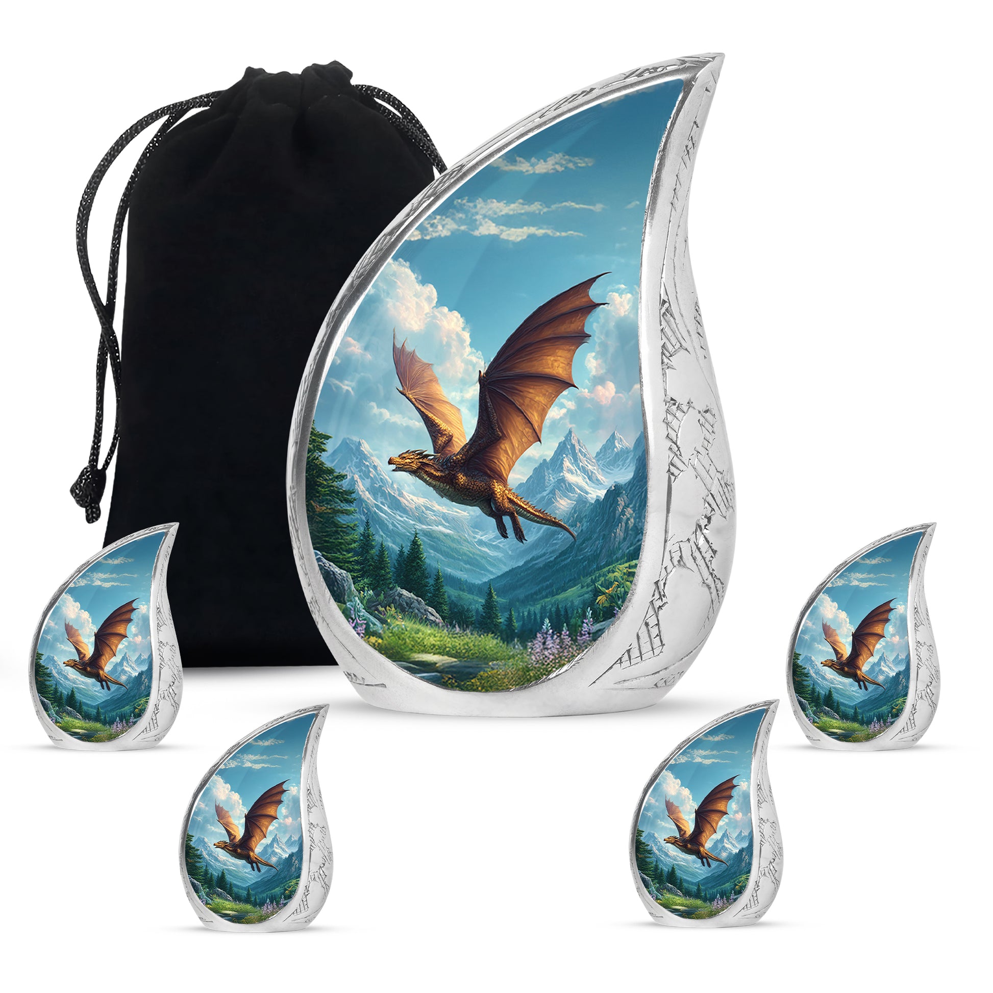 Navy Blue Dragon Cremation Urn side profile showing urn shape - rounded teardrop dragon design with delicate detail - memorial set with one large and four small urns