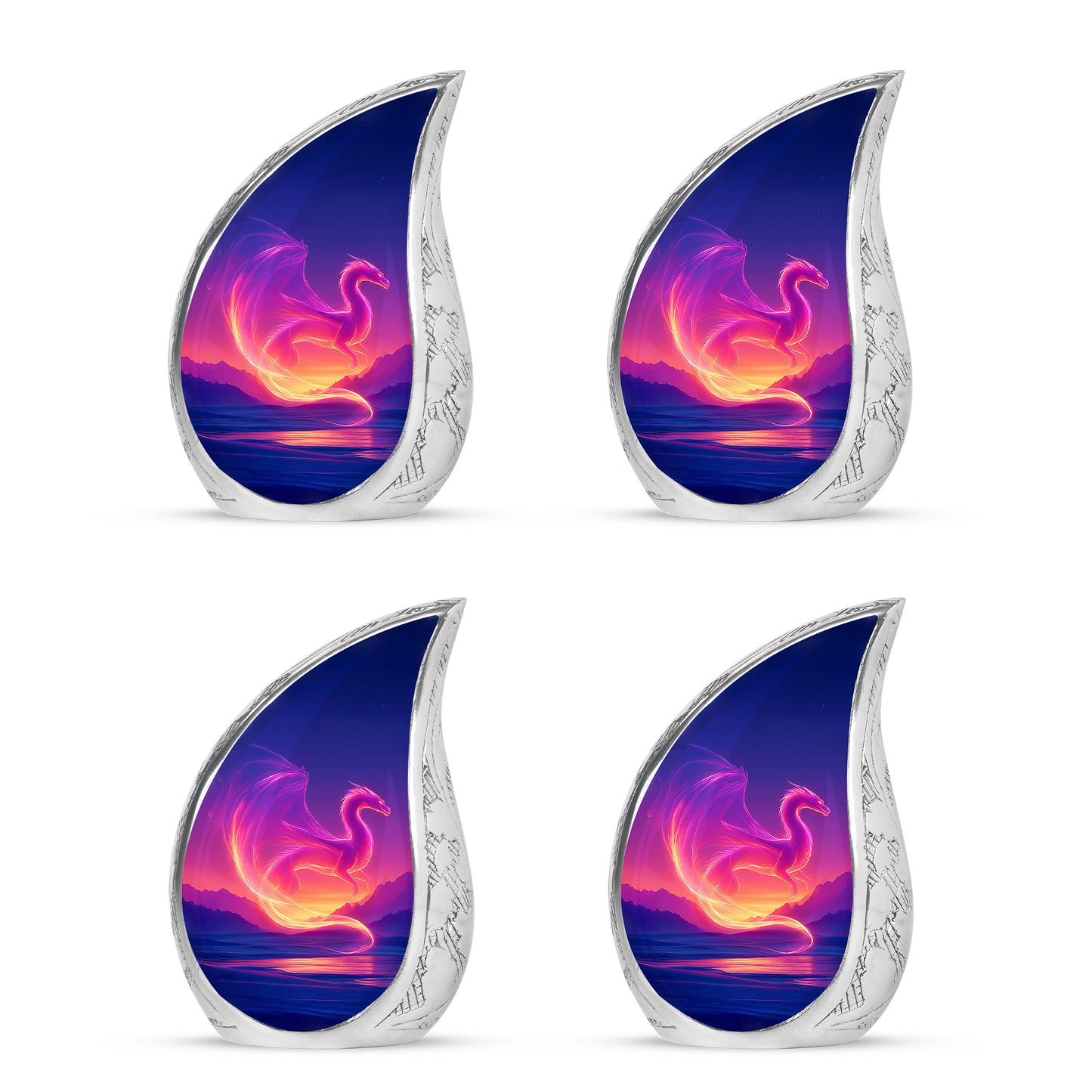 Dusty Blue Dragon Cremation Urn close-up of engraving and surface detail - flowing teardrop dragon silhouette on curved aluminum - 10 inch aluminum urn for cremated remains