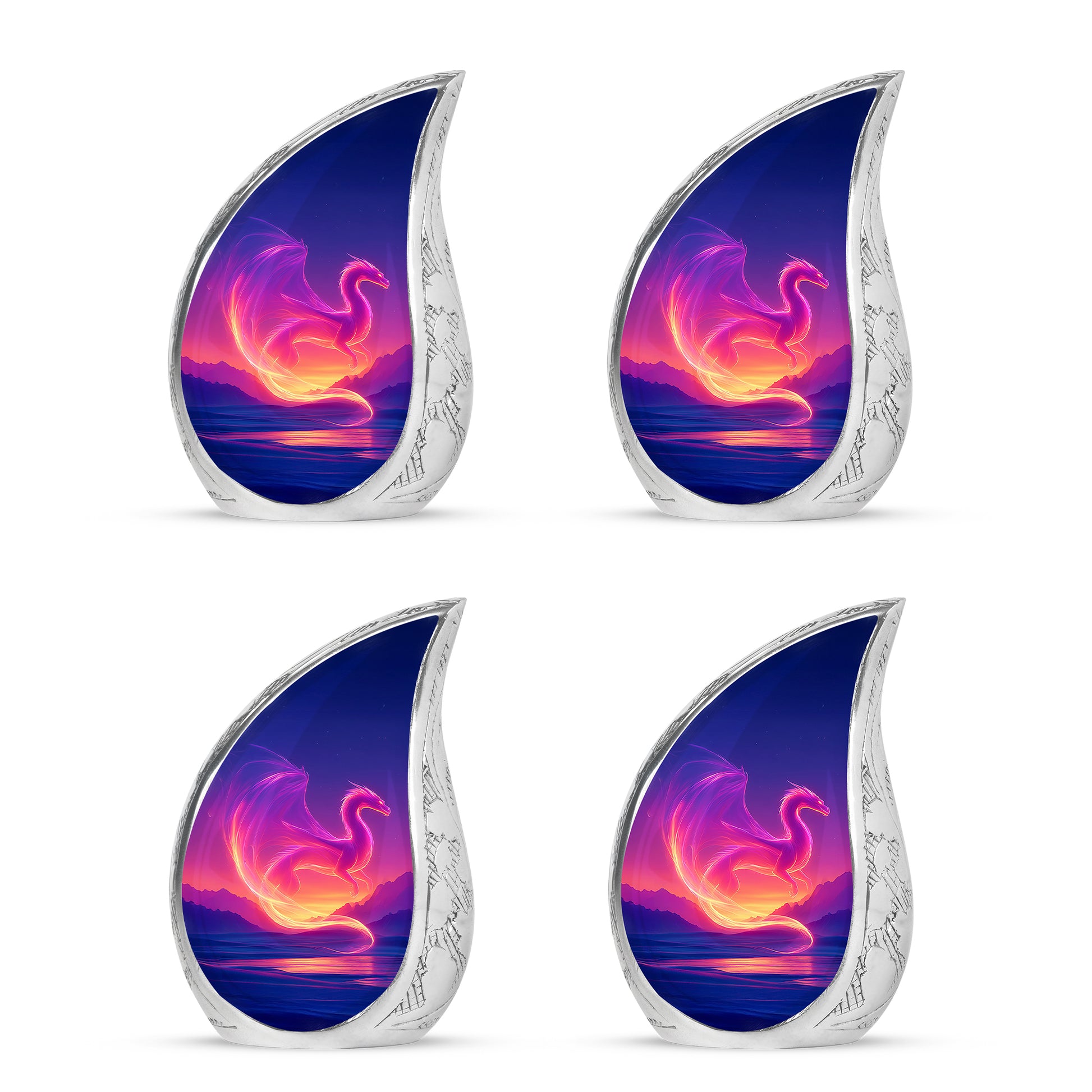 Dusty Blue Dragon Cremation Urn close-up of engraving and surface detail - flowing teardrop dragon silhouette on curved aluminum - 10 inch aluminum urn for cremated remains