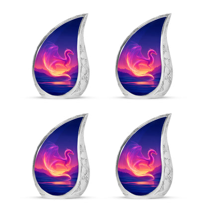 Dusty Blue Dragon Cremation Urn close-up of engraving and surface detail - flowing teardrop dragon silhouette on curved aluminum - 10 inch aluminum urn for cremated remains