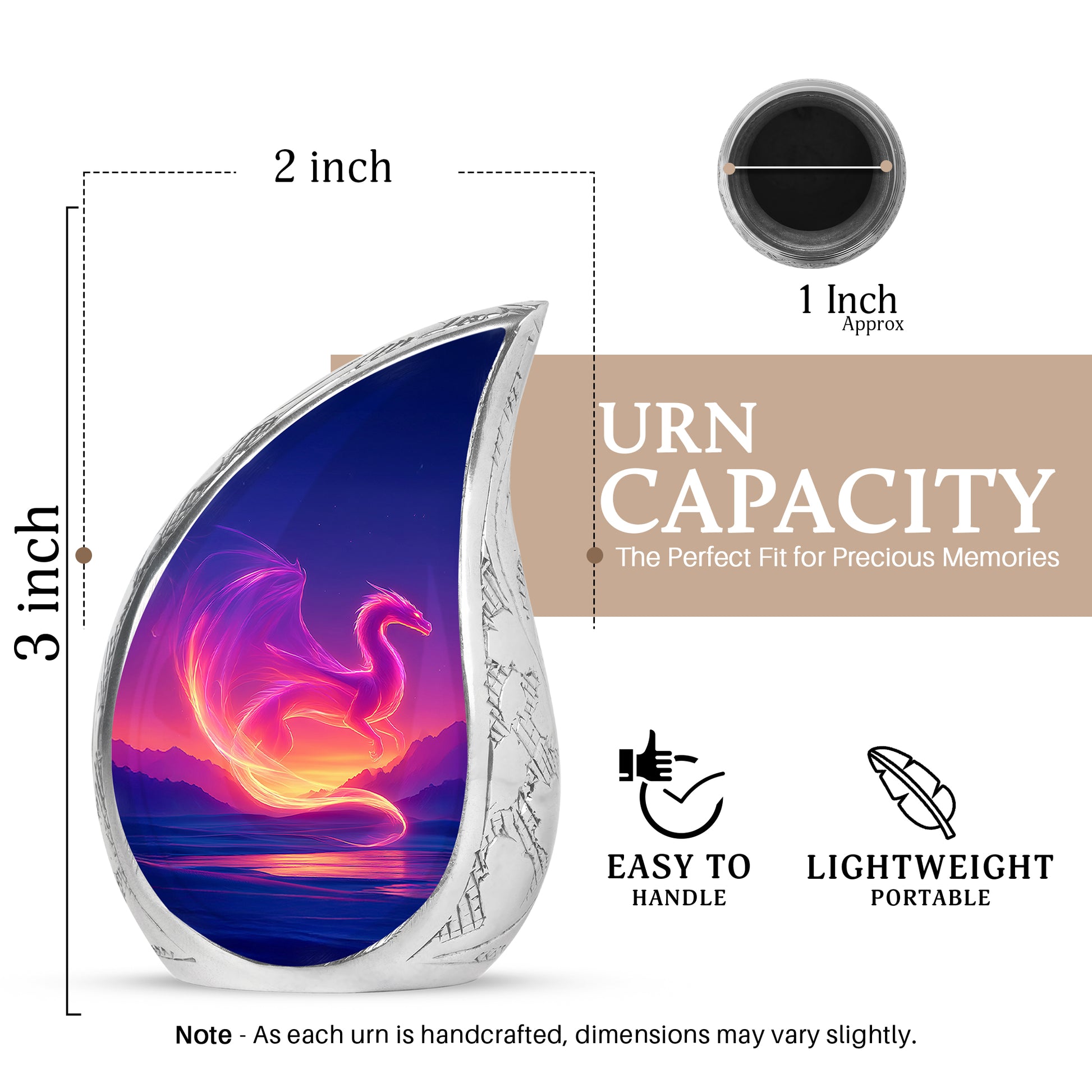 Dusty Blue Dragon Cremation Urn angled view of lid and engraved motif - flowing teardrop dragon silhouette on curved aluminum - mini keepsake memorial for portion of cremation ashes