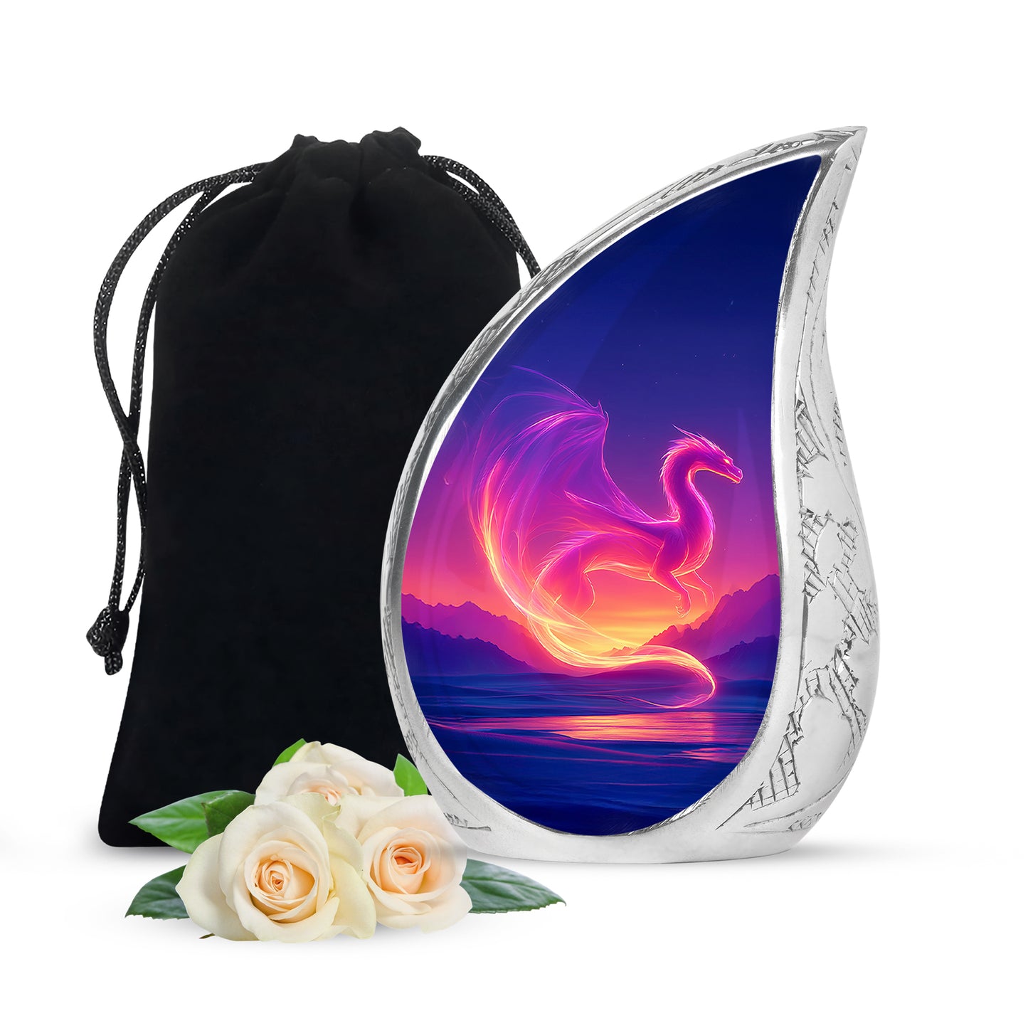 Calming Blue Dragon Cremation Urn front view showing detailed design - graceful tear-shaped urn with dragon motif - full-size 10 inch 200 cubic inch adult cremation urn