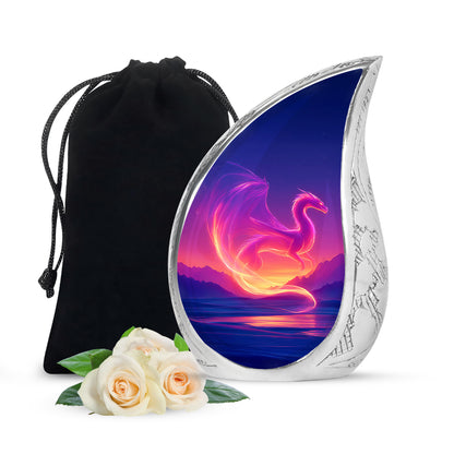 Calming Blue Dragon Cremation Urn front view showing detailed design - graceful tear-shaped urn with dragon motif - full-size 10 inch 200 cubic inch adult cremation urn