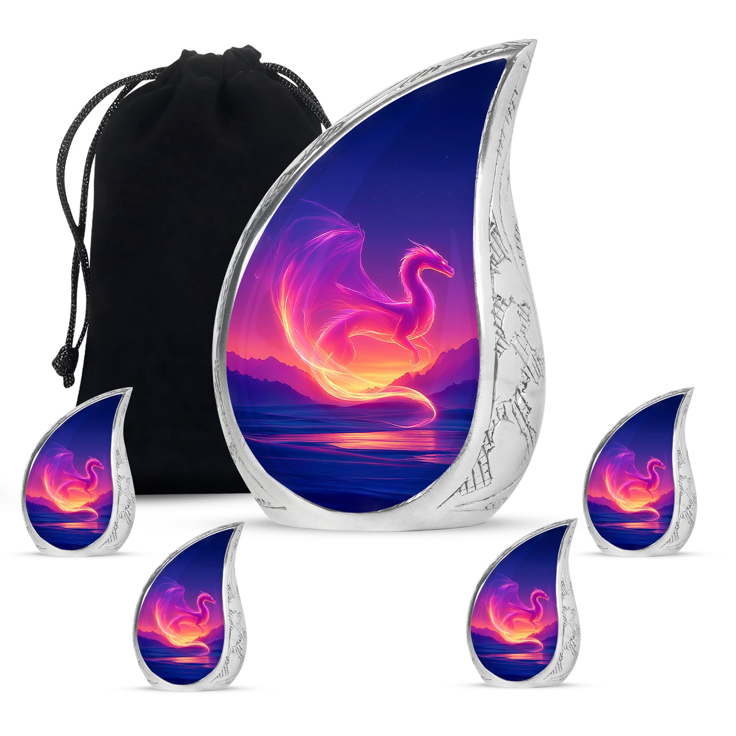 Twilight Blue Dragon Cremation Urn side profile showing urn shape - smooth teardrop contour featuring dragon art - memorial set with one large and four small urns