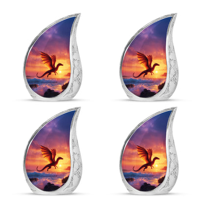 Twilight Purple Dragon Cremation Urn close-up of engraving and surface detail - graceful tear-shaped urn with dragon motif - 10 inch aluminum urn for cremated remains