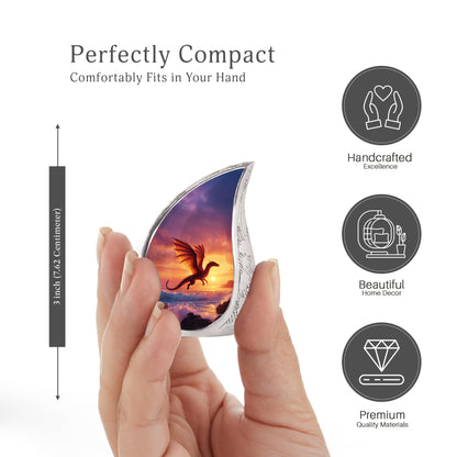 Deep Purple Dragon Cremation Urn angled view of lid and engraved motif - flowing teardrop dragon silhouette on curved aluminum - mini keepsake memorial for portion of cremation ashes