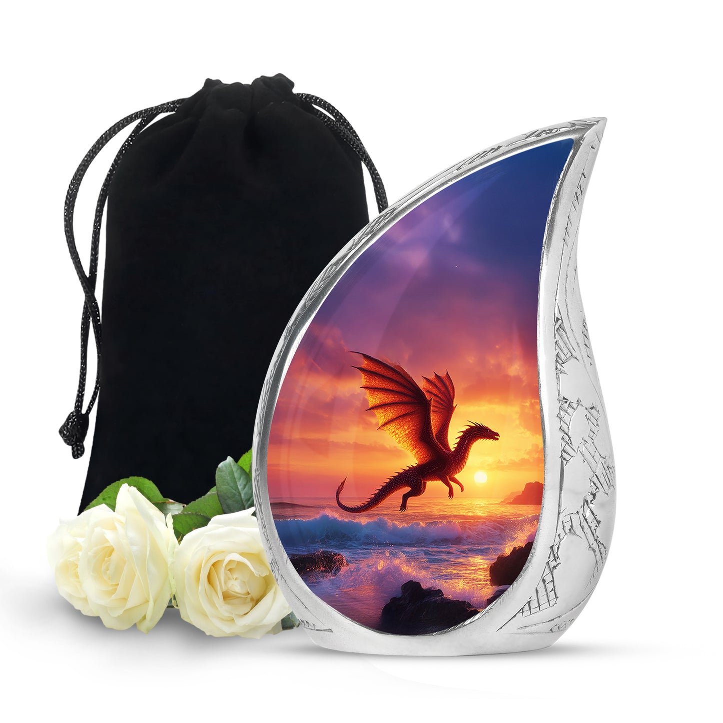 Lavender Purple Dragon Cremation Urn front view showing detailed design - graceful tear-shaped urn with dragon motif - full-size 10 inch 200 cubic inch adult cremation urn