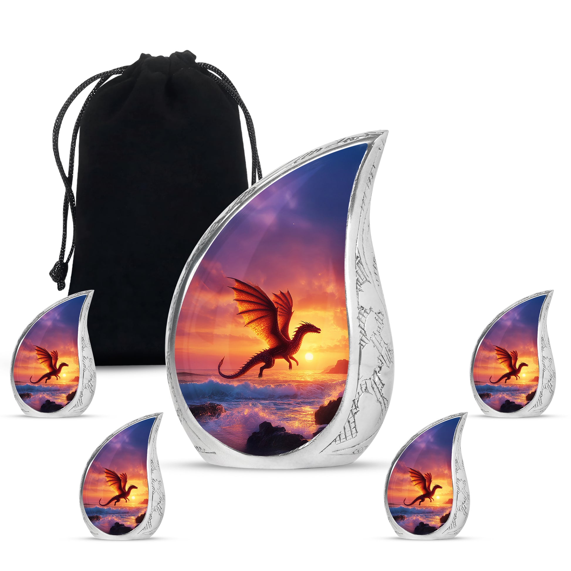 Royal Purple Dragon Cremation Urn side profile showing urn shape - graceful tear-shaped urn with dragon motif - memorial set with one large and four small urns