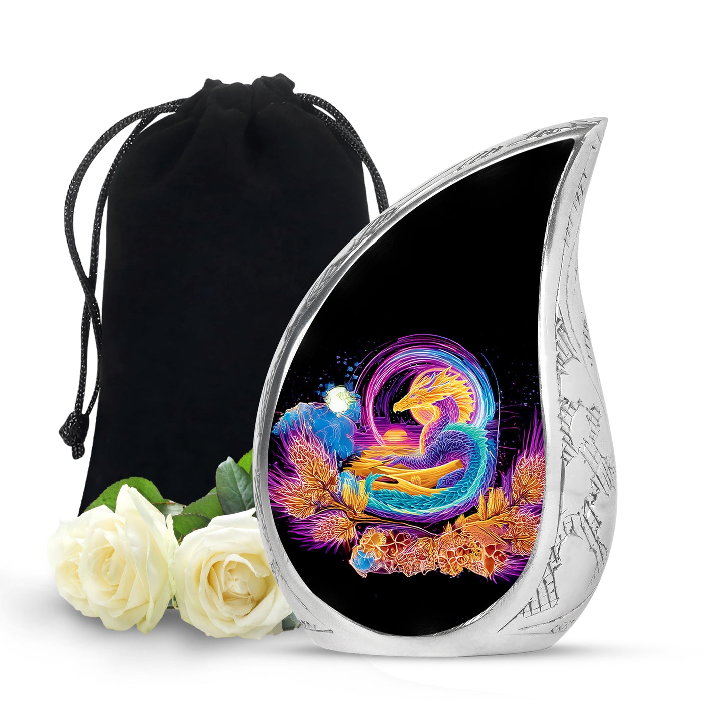 Onyx Black Dragon Cremation Urn front view showing detailed design - smooth teardrop contour featuring dragon art - full-size 10 inch 200 cubic inch adult cremation urn
