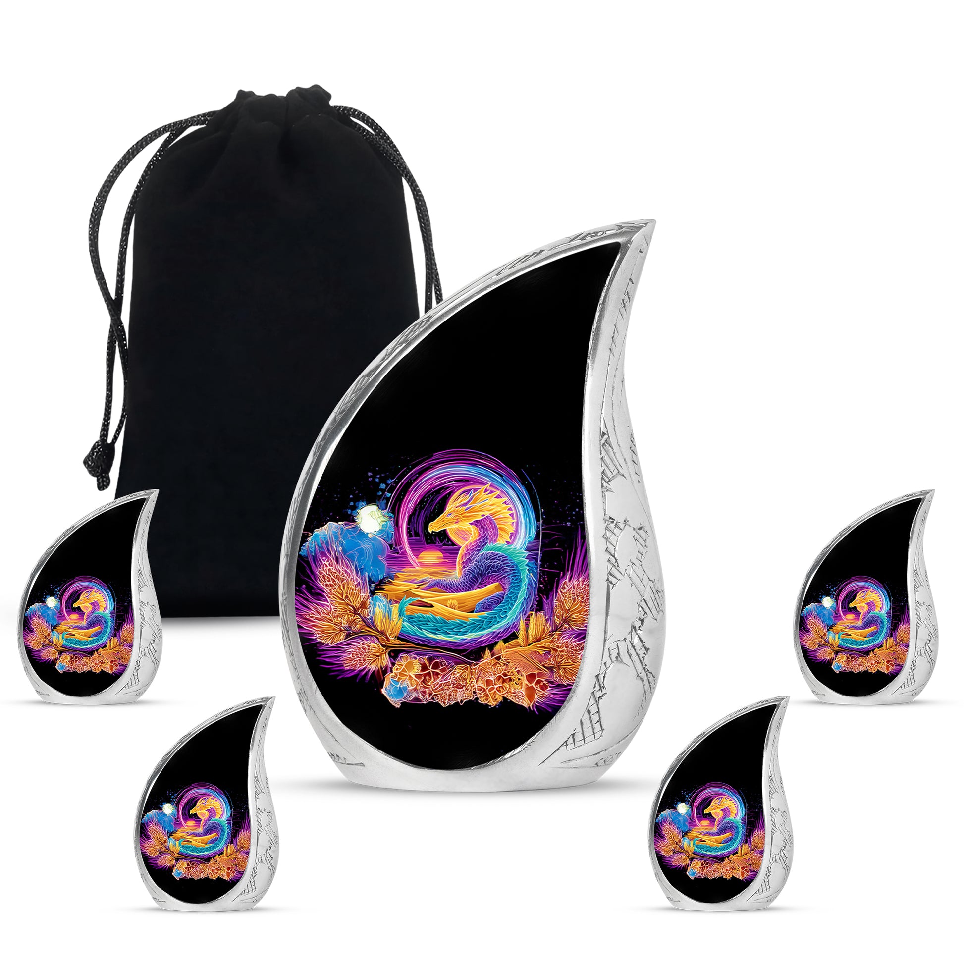 Charcoal Black Dragon Cremation Urn side profile showing urn shape - graceful tear-shaped urn with dragon motif - memorial set with one large and four small urns
