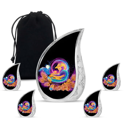 Charcoal Black Dragon Cremation Urn side profile showing urn shape - graceful tear-shaped urn with dragon motif - memorial set with one large and four small urns