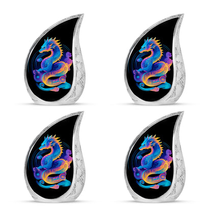 Rich Black Dragon Cremation Urn close-up of engraving and surface detail - flowing teardrop dragon silhouette on curved aluminum - 10 inch aluminum urn for cremated remains