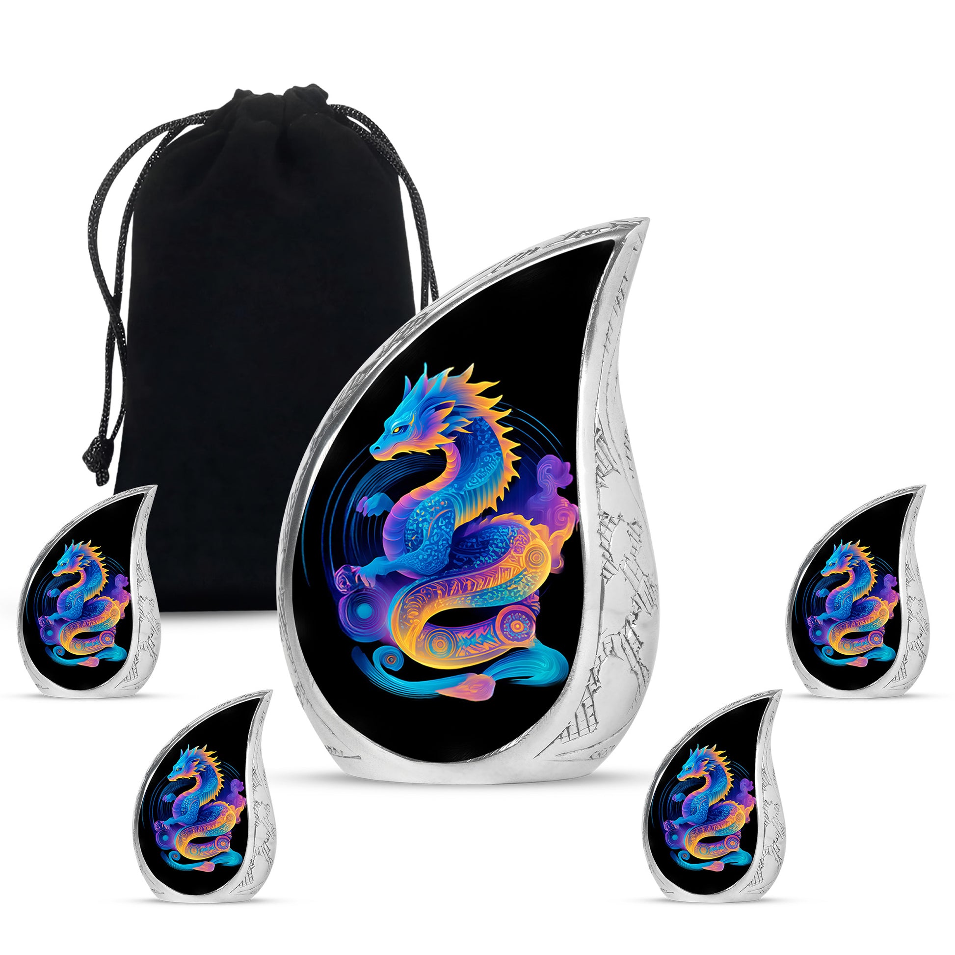 Glossy Black Dragon Cremation Urn side profile showing urn shape - flowing teardrop dragon silhouette on curved aluminum - memorial set with one large and four small urns