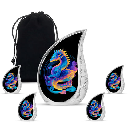 Glossy Black Dragon Cremation Urn side profile showing urn shape - flowing teardrop dragon silhouette on curved aluminum - memorial set with one large and four small urns