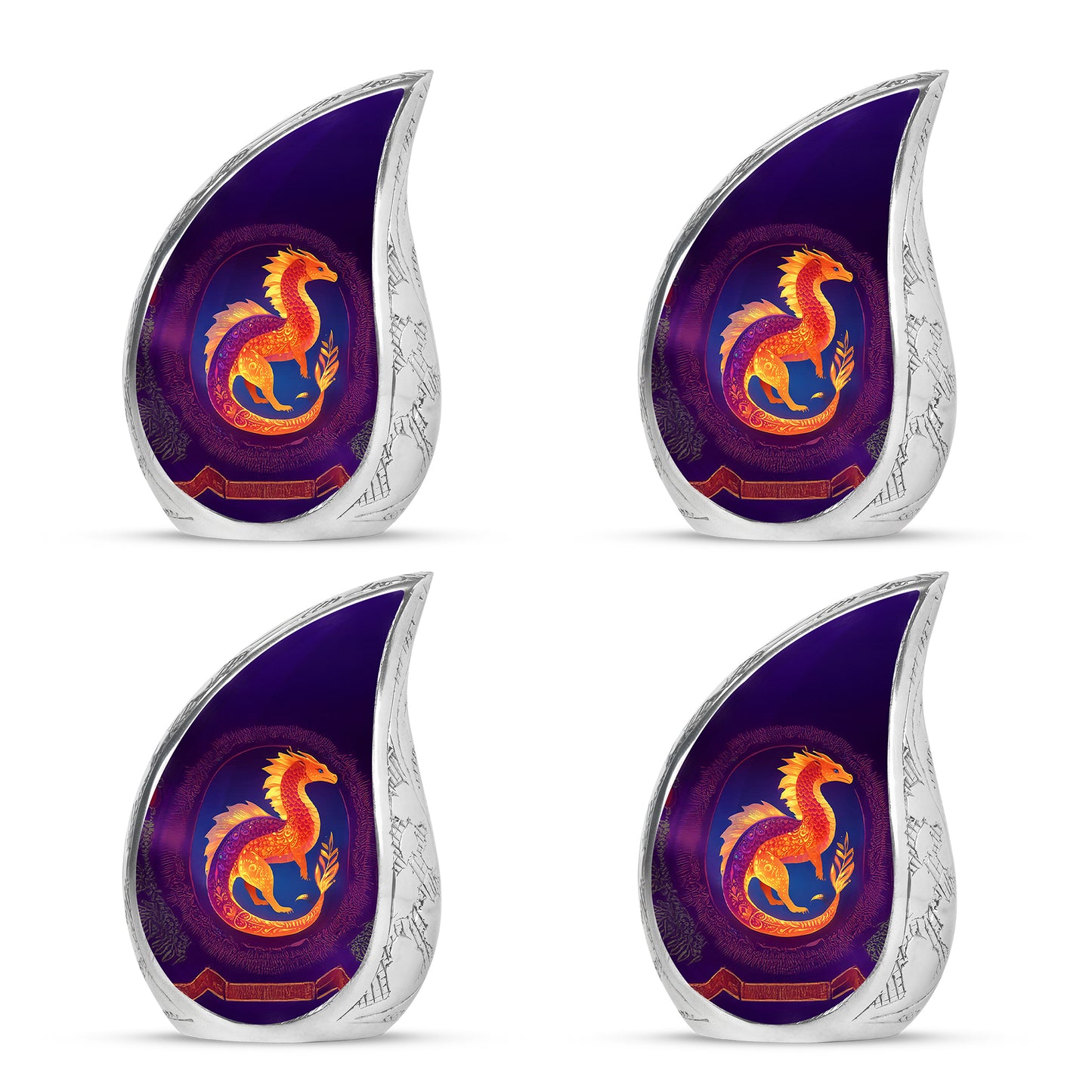 Twilight Purple Dragon Cremation Urn close-up of engraving and surface detail - smooth teardrop contour featuring dragon art - 10 inch aluminum urn for cremated remains