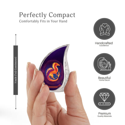 Amethyst Purple Dragon Cremation Urn angled view of lid and engraved motif - flowing teardrop dragon silhouette on curved aluminum - mini keepsake memorial for portion of cremation ashes