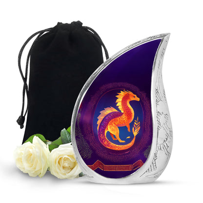 Plum Purple Dragon Cremation Urn front view showing detailed design - flowing teardrop dragon silhouette on curved aluminum - full-size 10 inch 200 cubic inch adult cremation urn