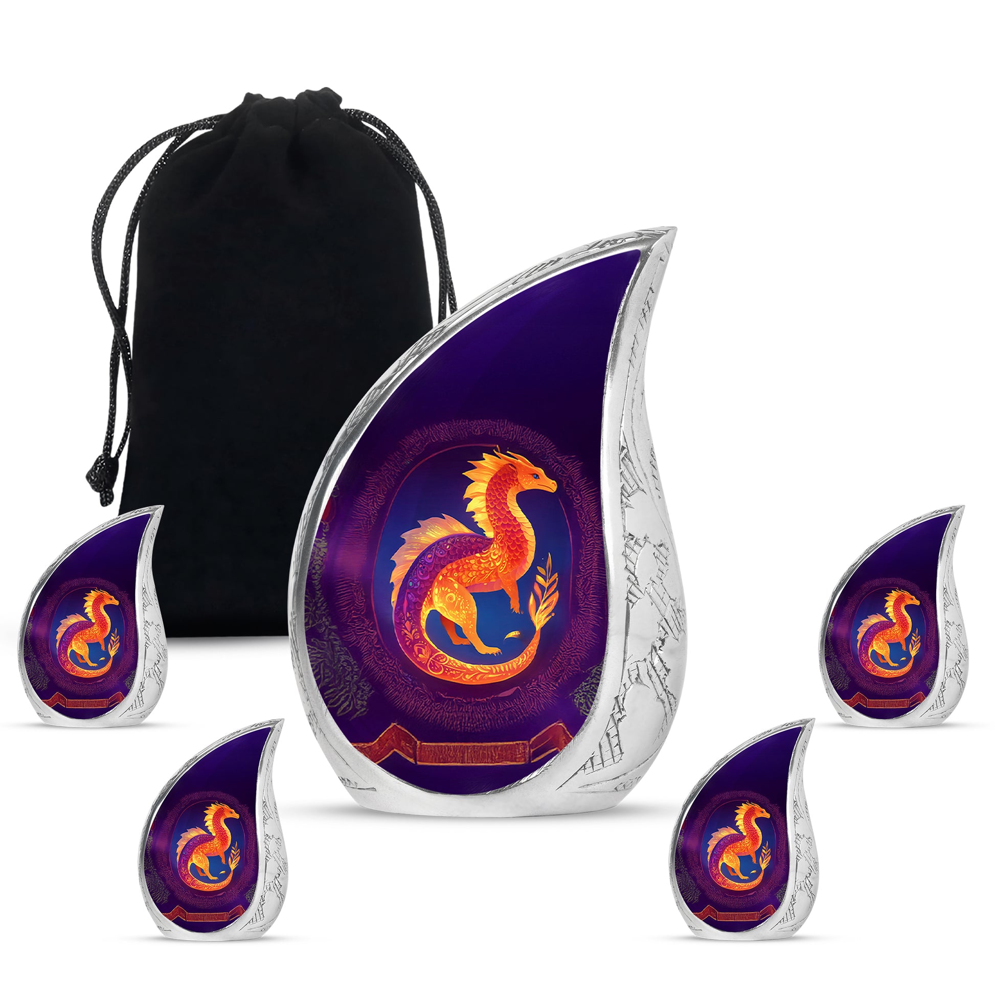 Deep Purple Dragon Cremation Urn side profile showing urn shape - flowing teardrop dragon silhouette on curved aluminum - memorial set with one large and four small urns