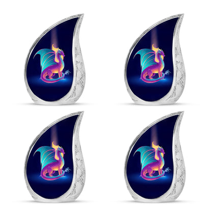 Icy Blue Dragon Cremation Urn close-up of engraving and surface detail - flowing teardrop dragon silhouette on curved aluminum - 10 inch aluminum urn for cremated remains