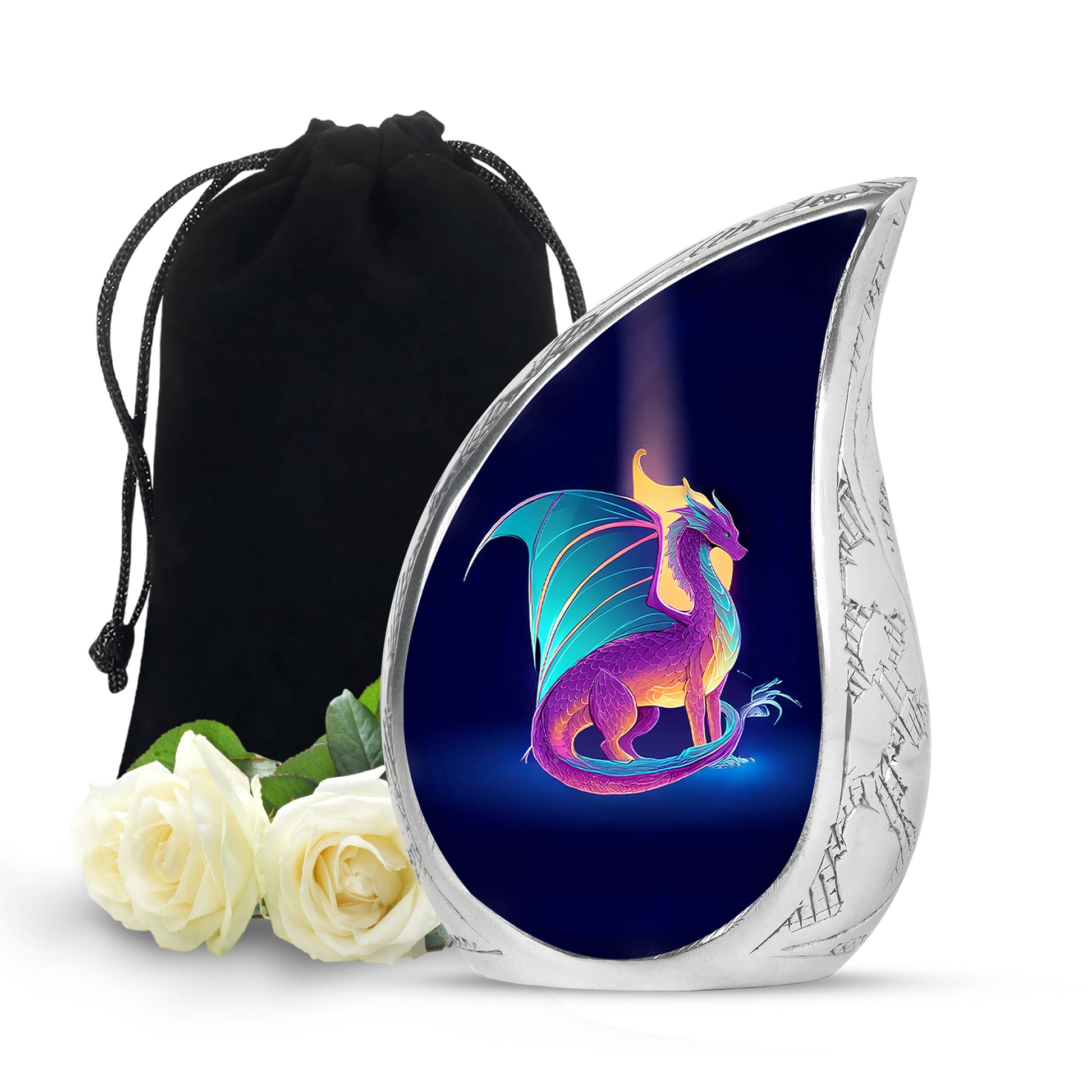 Royal Blue Dragon Cremation Urn front view showing detailed design - graceful tear-shaped urn with dragon motif - full-size 10 inch 200 cubic inch adult cremation urn