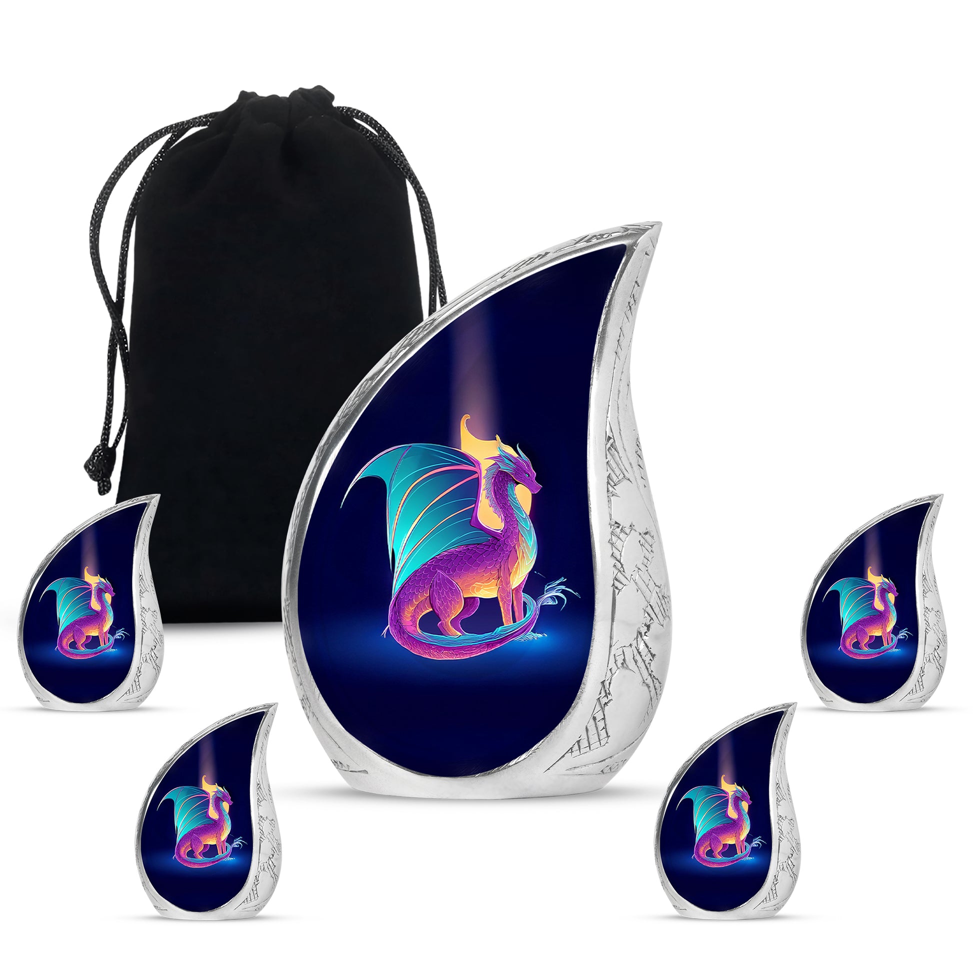 Vivid Blue Dragon Cremation Urn side profile showing urn shape - smooth teardrop contour featuring dragon art - memorial set with one large and four small urns