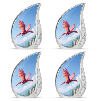Calming Blue Dragon Cremation Urn close-up of engraving and surface detail - smooth teardrop contour featuring dragon art - 10 inch aluminum urn for cremated remains