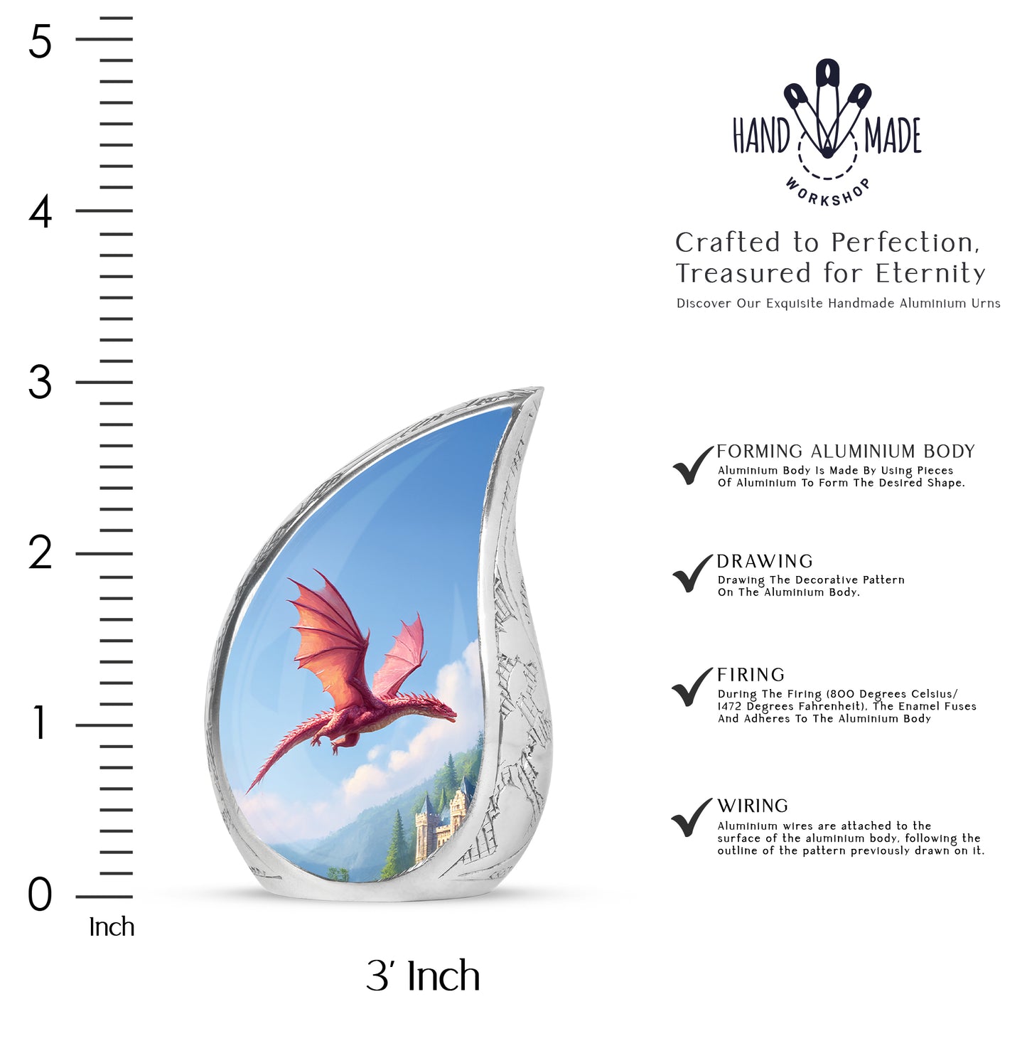 Serene Blue Dragon Cremation Urn angled view of lid and engraved motif - graceful tear-shaped urn with dragon motif - mini keepsake memorial for portion of cremation ashes