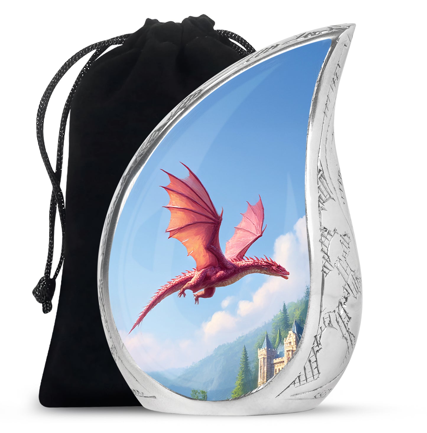Slate Blue Dragon Cremation Urn front view showing detailed design - rounded teardrop dragon design with delicate detail - full-size 10 inch 200 cubic inch adult cremation urn