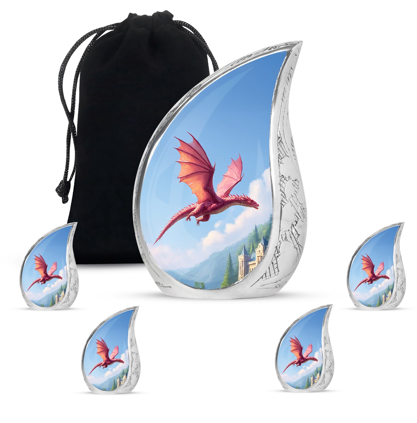 Calming Blue Dragon Cremation Urn side profile showing urn shape - graceful tear-shaped urn with dragon motif - memorial set with one large and four small urns