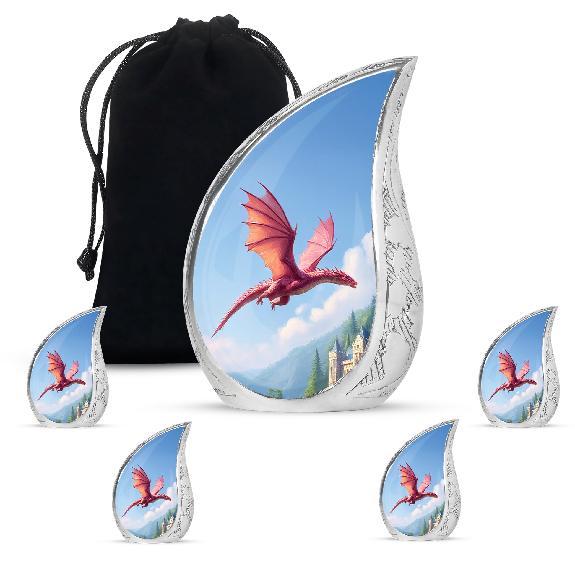 Calming Blue Dragon Cremation Urn side profile showing urn shape - graceful tear-shaped urn with dragon motif - memorial set with one large and four small urns