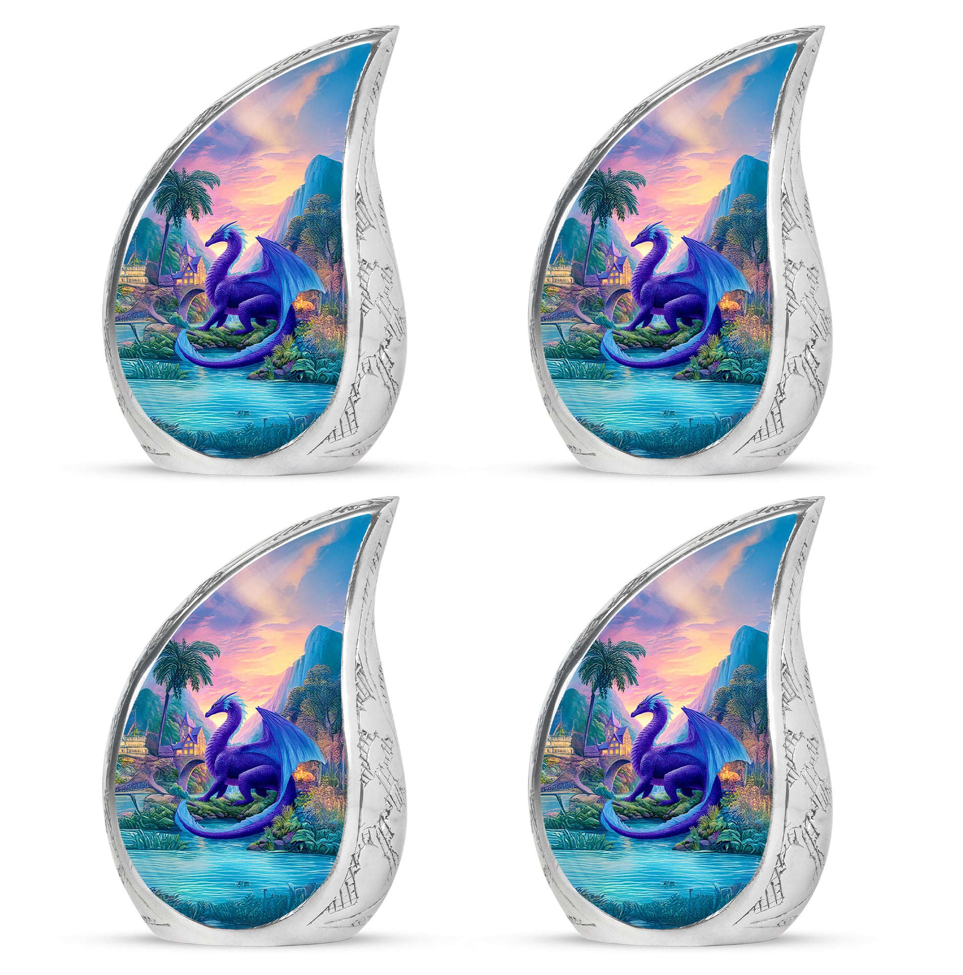 Pastel Blue Dragon Cremation Urn close-up of engraving and surface detail - rounded teardrop dragon design with delicate detail - 10 inch aluminum urn for cremated remains