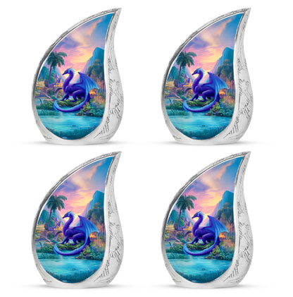 Pastel Blue Dragon Cremation Urn close-up of engraving and surface detail - rounded teardrop dragon design with delicate detail - 10 inch aluminum urn for cremated remains