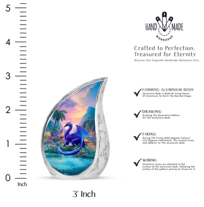 Slate Blue Dragon Cremation Urn angled view of lid and engraved motif - rounded teardrop dragon design with delicate detail - mini keepsake memorial for portion of cremation ashes