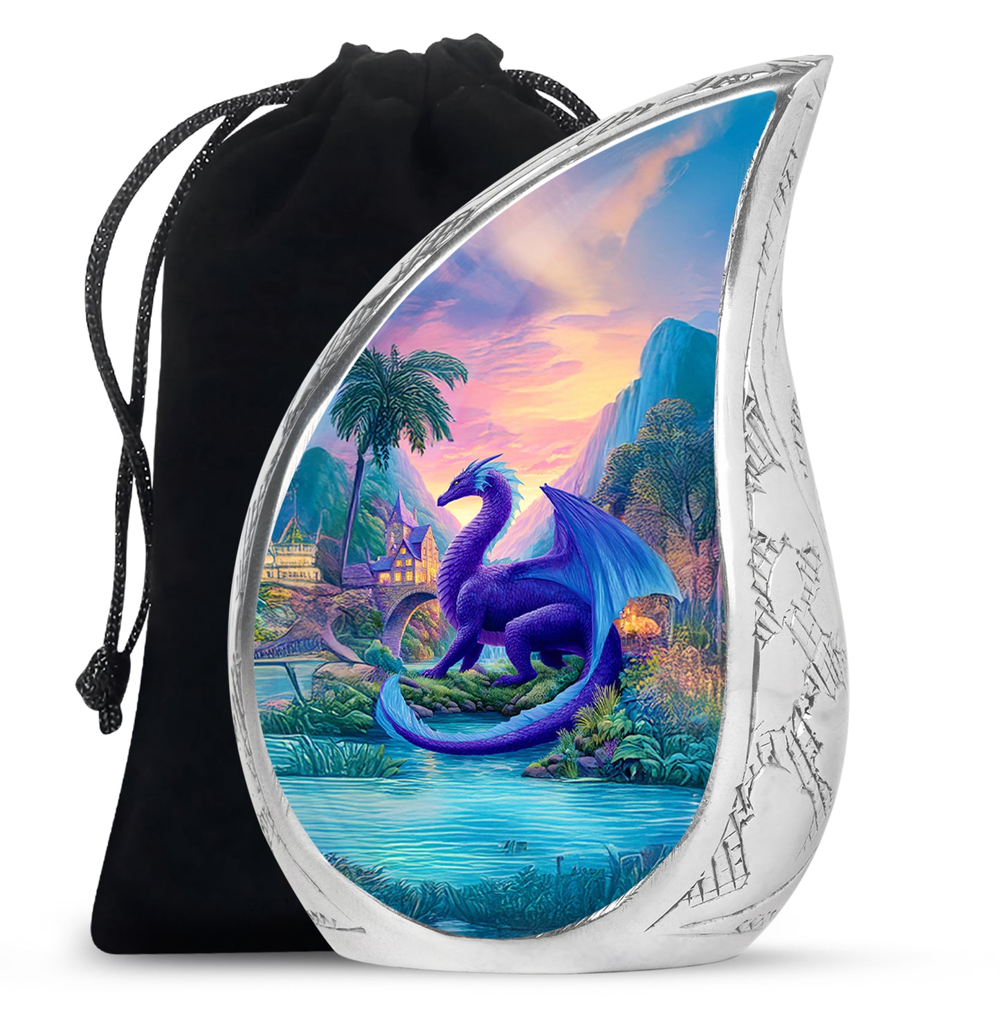Icy Blue Dragon Cremation Urn front view showing detailed design - rounded teardrop dragon design with delicate detail - full-size 10 inch 200 cubic inch adult cremation urn
