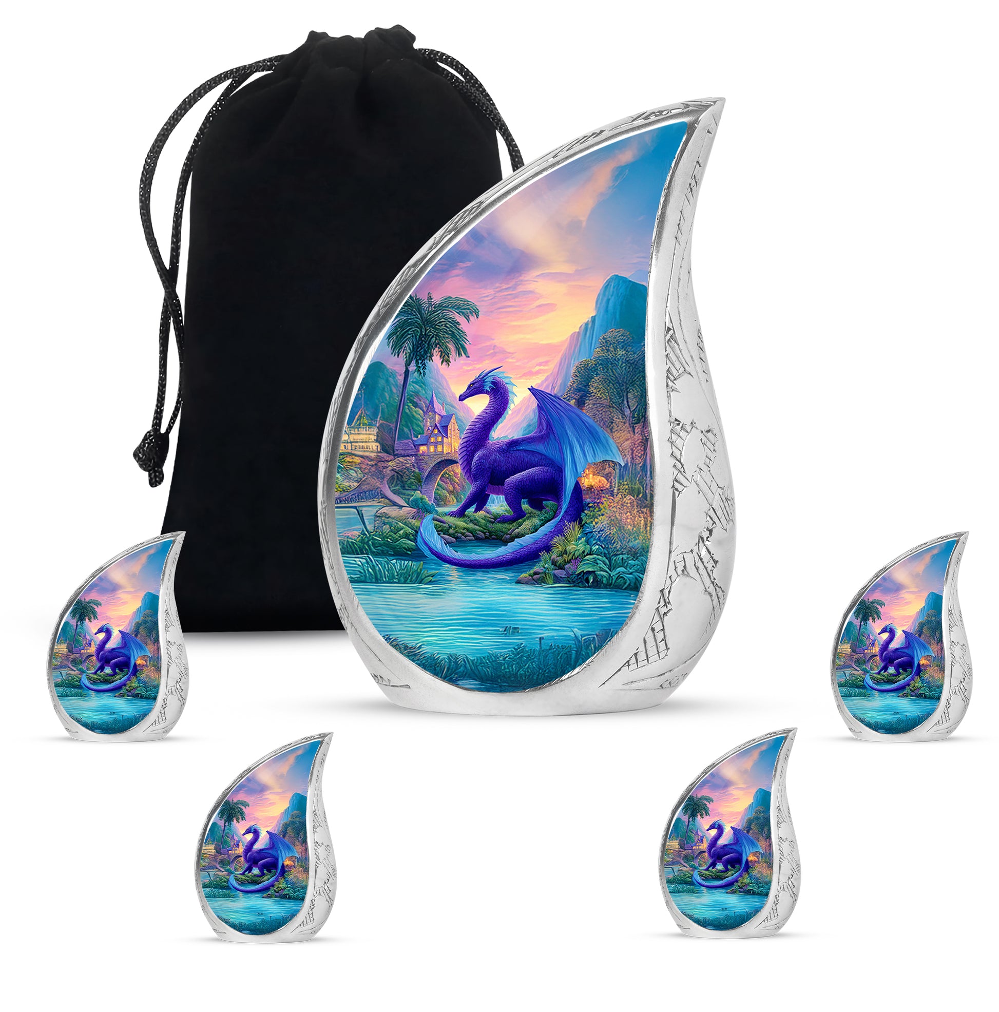 Icy Blue Dragon Cremation Urn side profile showing urn shape - flowing teardrop dragon silhouette on curved aluminum - memorial set with one large and four small urns