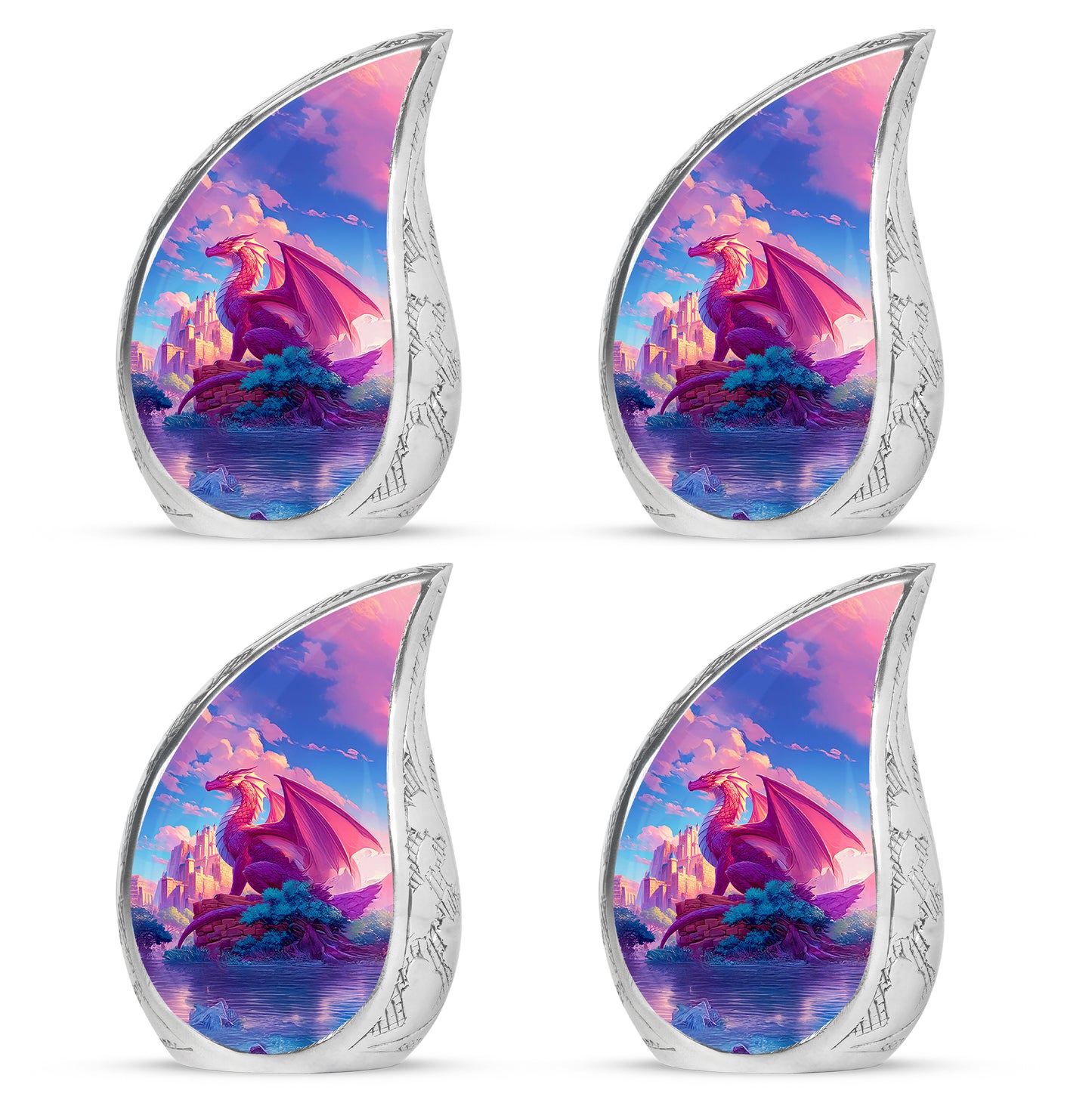 Dusty Blue Dragon Cremation Urn close-up of engraving and surface detail - flowing teardrop dragon silhouette on curved aluminum - 10 inch aluminum urn for cremated remains