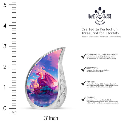 Vivid Blue Dragon Cremation Urn angled view of lid and engraved motif - graceful tear-shaped urn with dragon motif - mini keepsake memorial for portion of cremation ashes