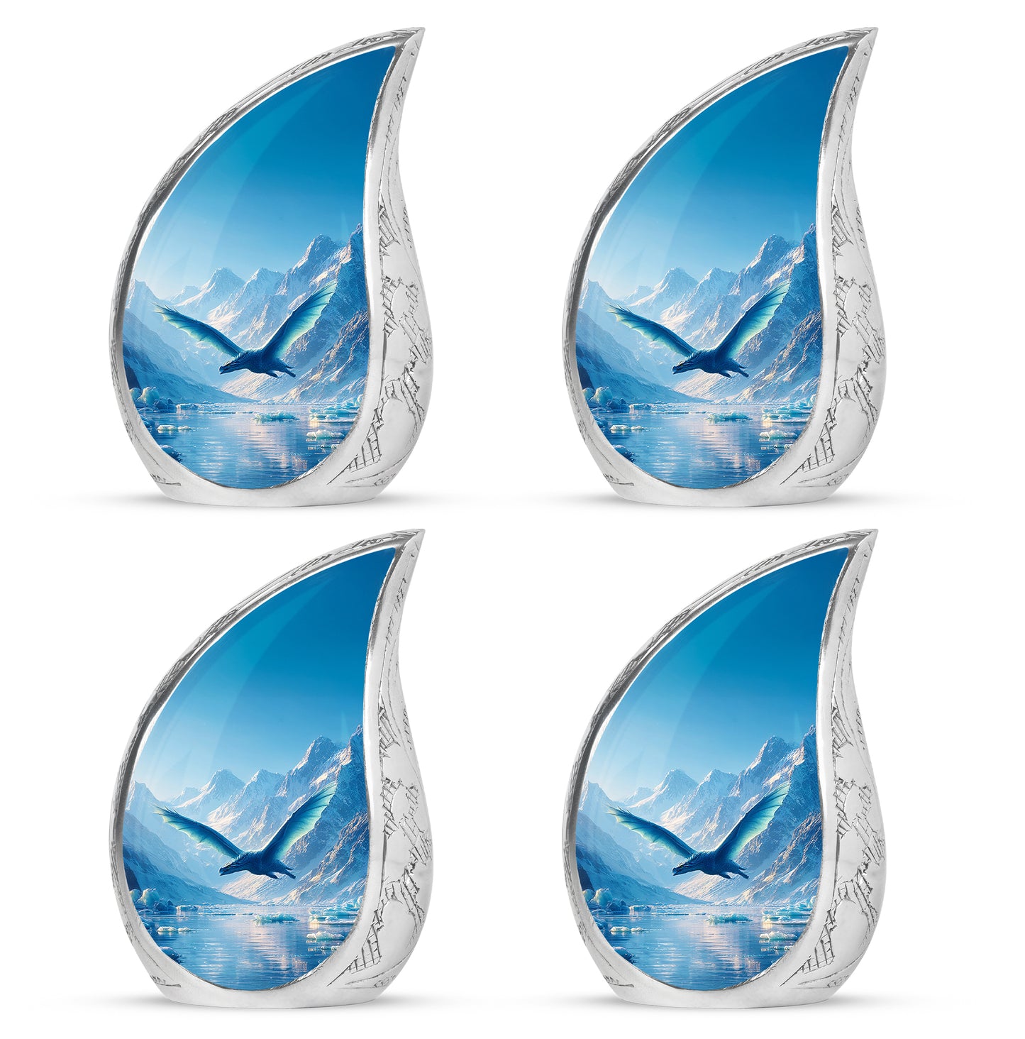 Steel Blue Dragon Cremation Urn close-up of engraving and surface detail - smooth teardrop contour featuring dragon art - 10 inch aluminum urn for cremated remains