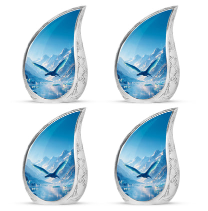 Steel Blue Dragon Cremation Urn close-up of engraving and surface detail - smooth teardrop contour featuring dragon art - 10 inch aluminum urn for cremated remains
