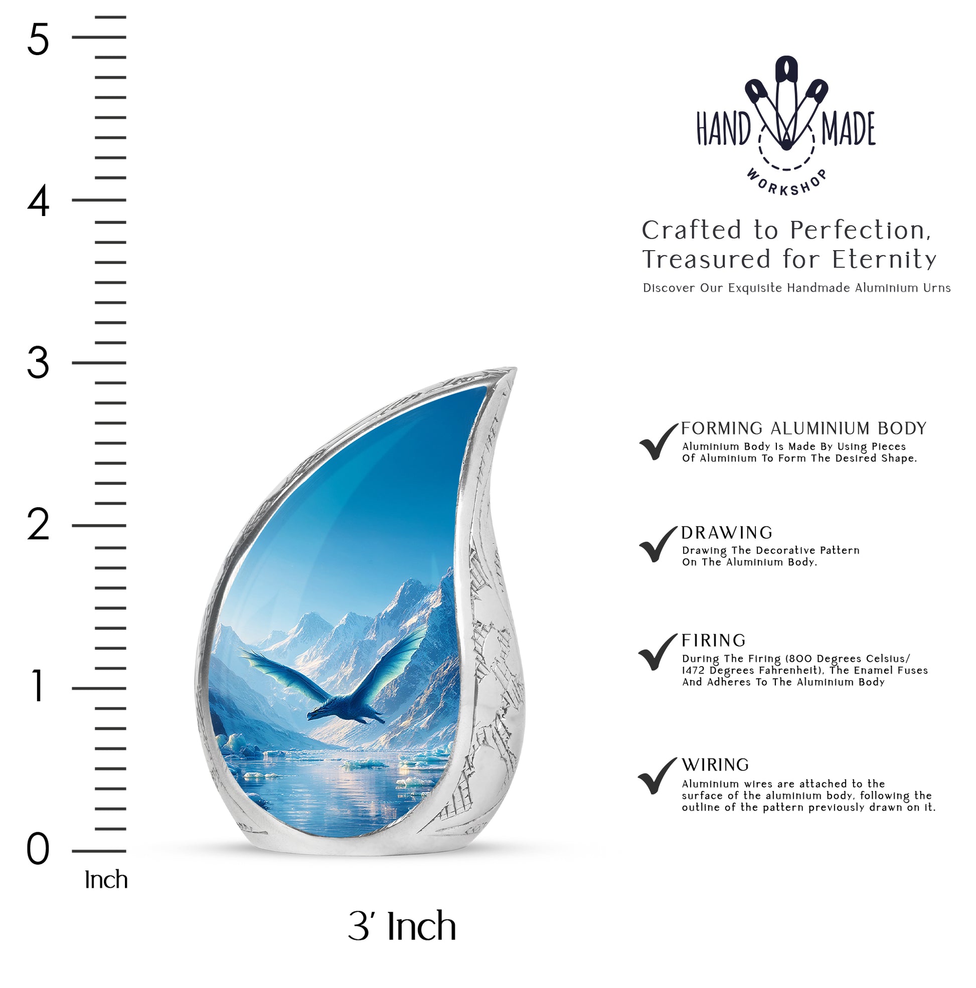 Serene Blue Dragon Cremation Urn angled view of lid and engraved motif - graceful tear-shaped urn with dragon motif - mini keepsake memorial for portion of cremation ashes