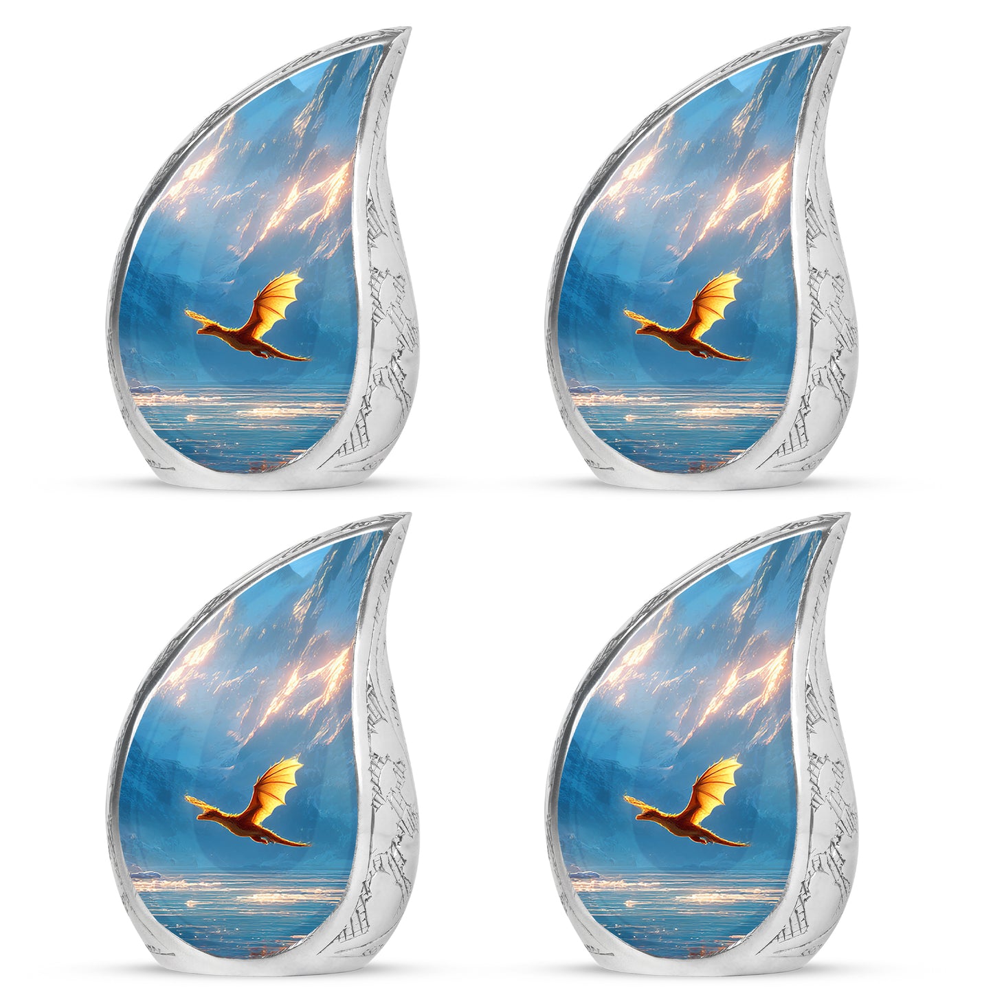 Calming Blue Dragon Cremation Urn close-up of engraving and surface detail - smooth teardrop contour featuring dragon art - 10 inch aluminum urn for cremated remains