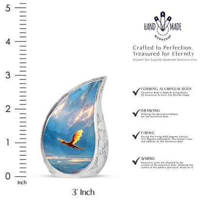 Soft Blue Dragon Cremation Urn angled view of lid and engraved motif - graceful tear-shaped urn with dragon motif - mini keepsake memorial for portion of cremation ashes