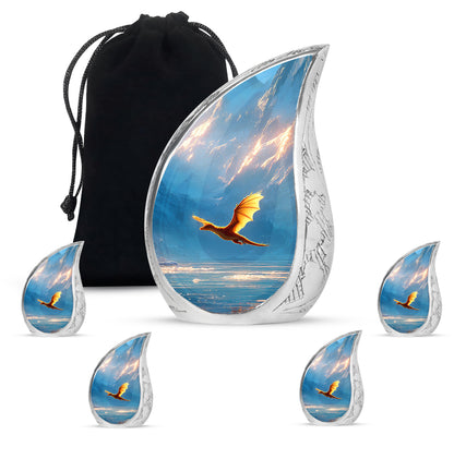 Celestial Blue Dragon Cremation Urn side profile showing urn shape - rounded teardrop dragon design with delicate detail - memorial set with one large and four small urns